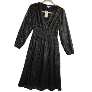 RIHOAS Black Gold Metallic Long Sleeve V Neck Midi Dress XL